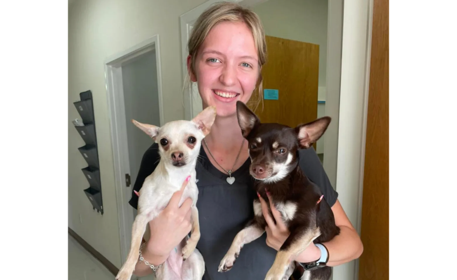 Staff Smiling and Holding Two Small Dogs in her Arms